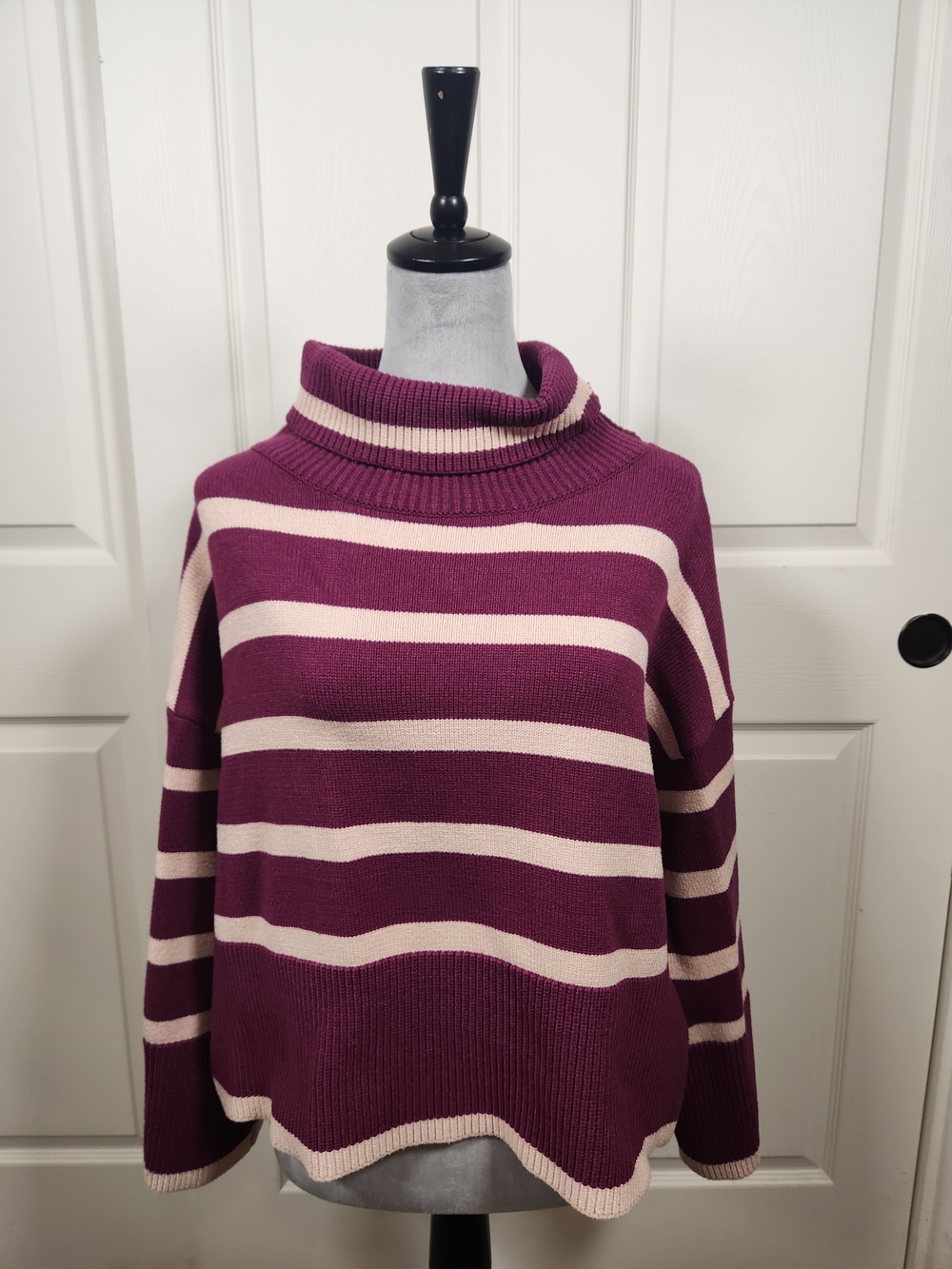 entro Striped Cowl-Neck Sweater in Berry and Cream